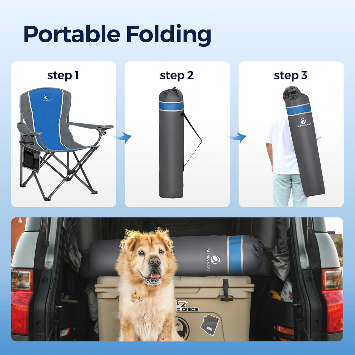 Folding Camping Chair Heavy Duty 160kg High Back Cup Holders Blue Carry Bag