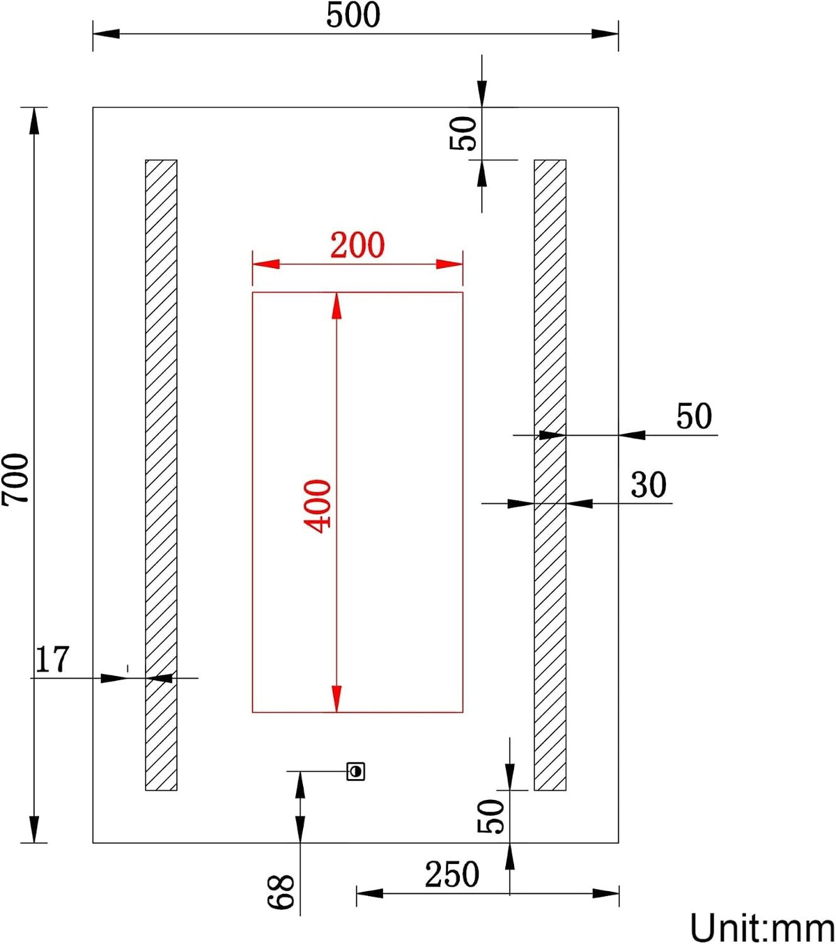 Bathroom Mirror LED Illuminated 500x700mm Shaver Socket Anti Fog Dimmable IP44