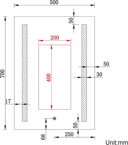 Bathroom Mirror LED Illuminated 500x700mm Shaver Socket Anti Fog Dimmable IP44