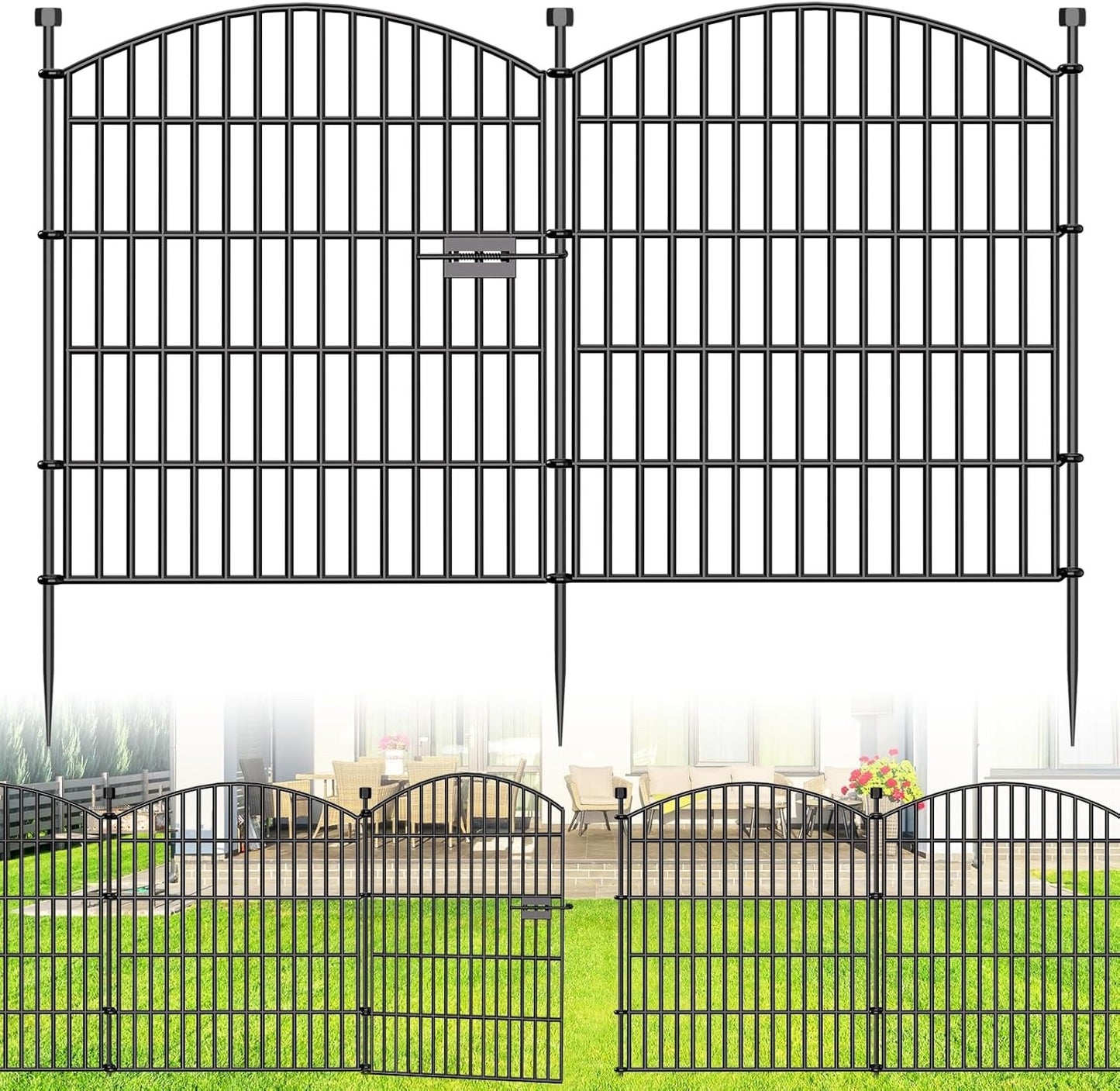 Garden Fence Gate Panels 32in 24ft 10pc Metal Dog Barrier No Dig Rustproof Black