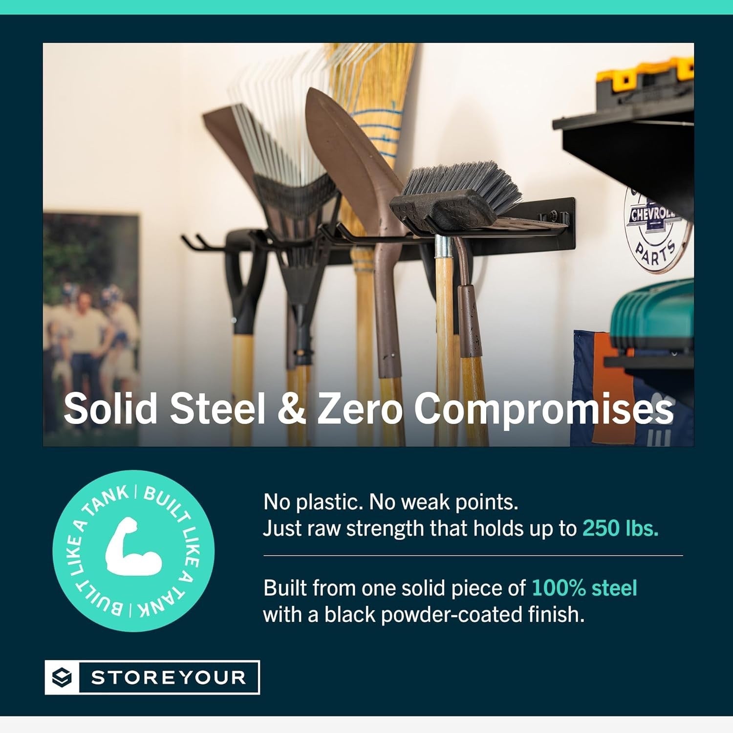 StoreYourBoard Wall-Mounted Tool Rack with 4 Heavy-Duty Garage Hooks