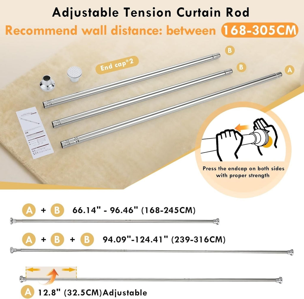 Extendable Shower Curtain Rod White Adjustable Tension Pole No Drill