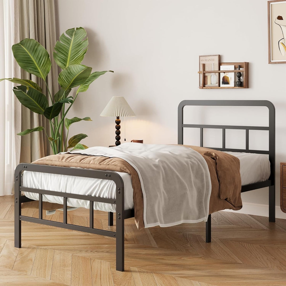 Single Bed Frame Metal 3ft 90x190cm Headboard Footboard Slats 36cm Height Black