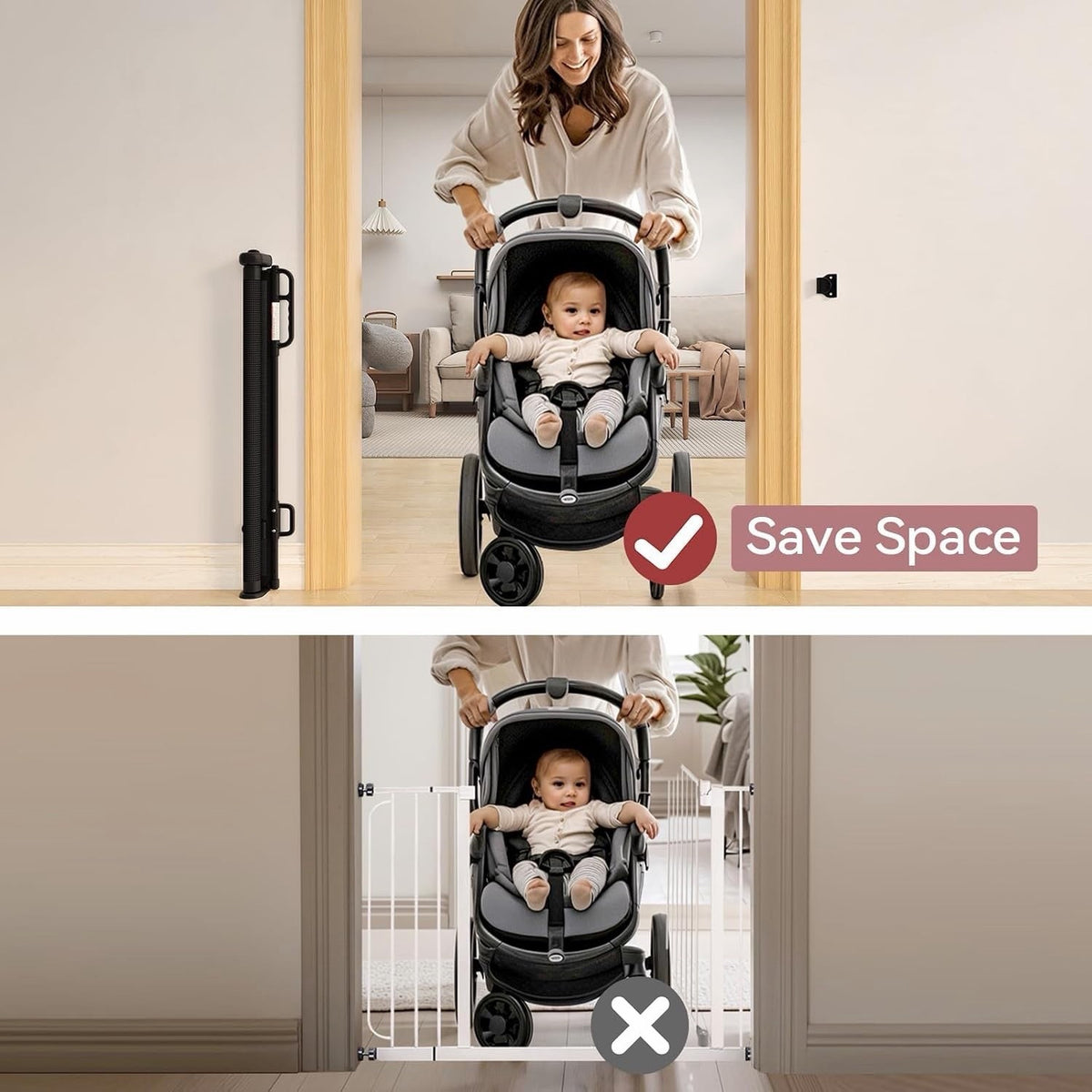 Baby Safety Gate Retractable Mesh 140cm Wide 84cm Black Stair Door Pet Barrier