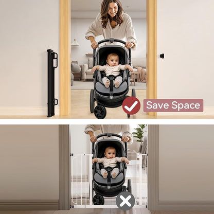Baby Safety Gate Retractable Mesh 140cm Wide 84cm Black Stair Door Pet Barrier