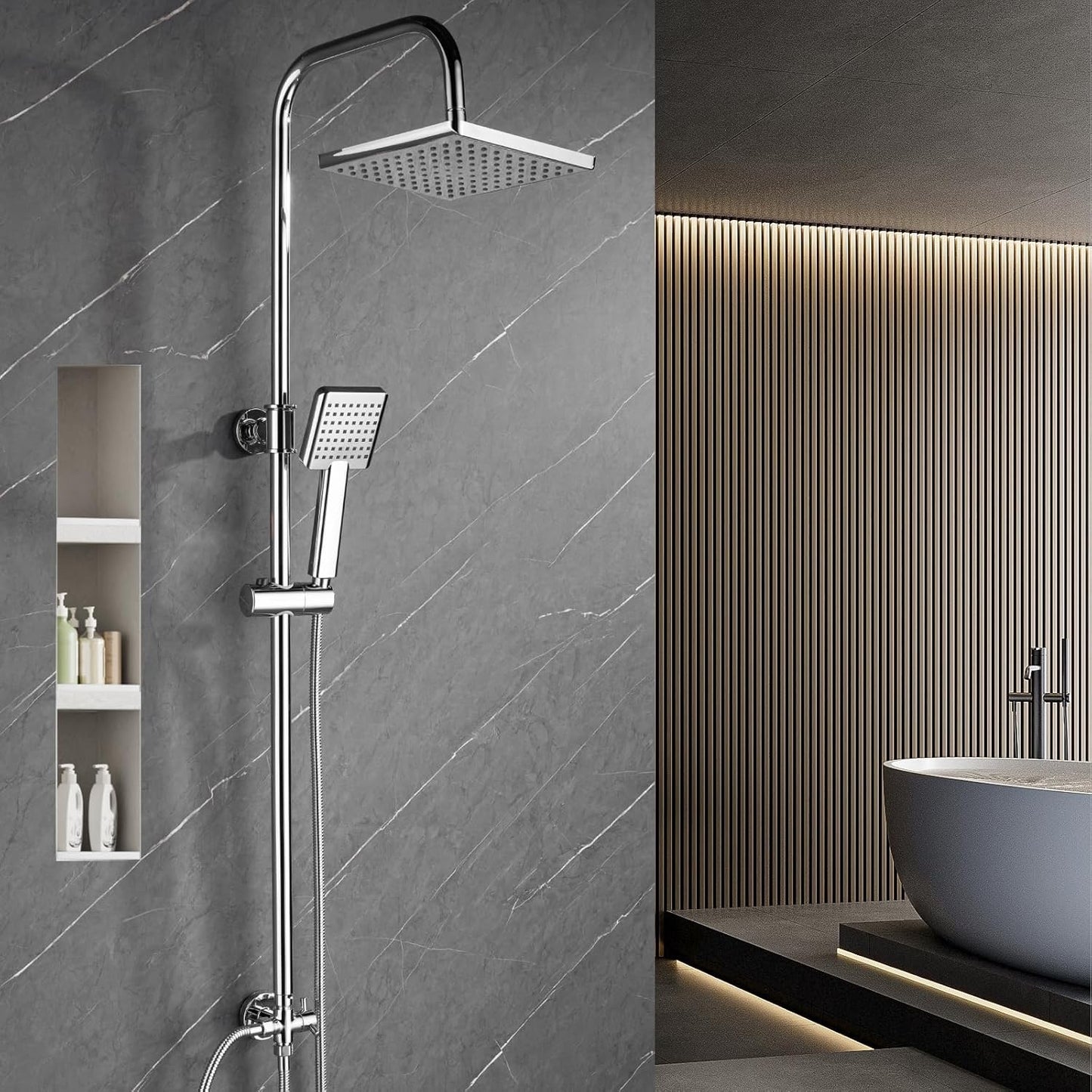 Shower Riser Rail Kit 8in Rainfall Head Handheld Chrome Adjustable Bathroom Set