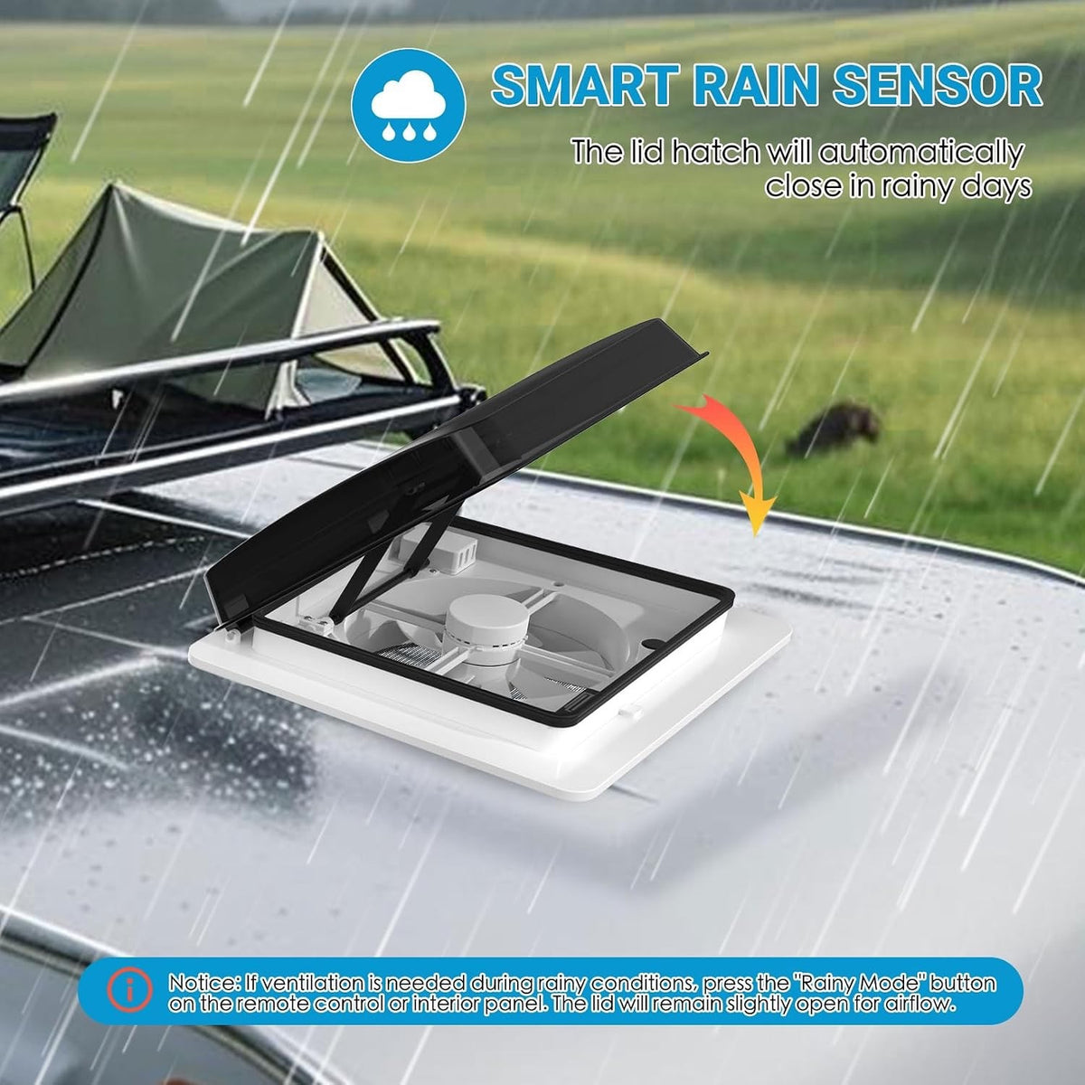 Caravan Roof Vent Fan 400mm 12V Remote Controlled Rain Sensor Campervan Black RV