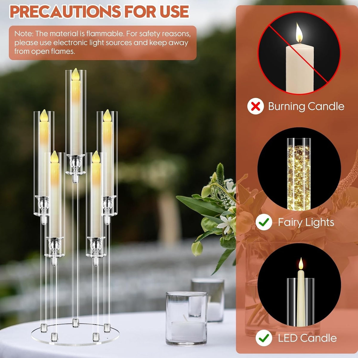 Candelabra Candle Holders 6 Sets 5 Arm Clear Acrylic 68cm Wedding LED Candles