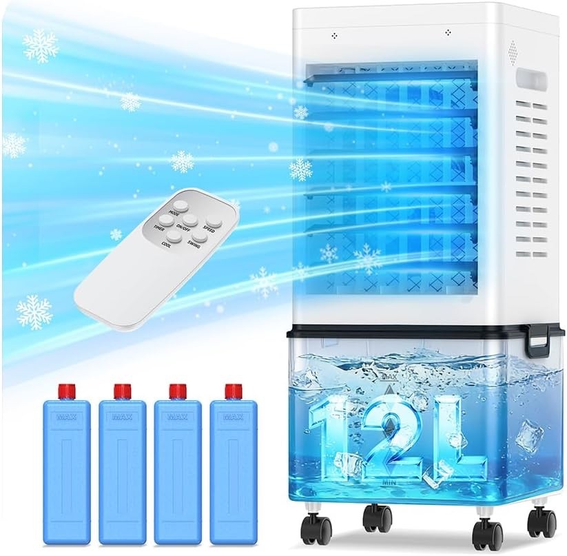 Portable Evaporative Air Cooler 12L 45W 24H Timer Remote Control Black Bladeless