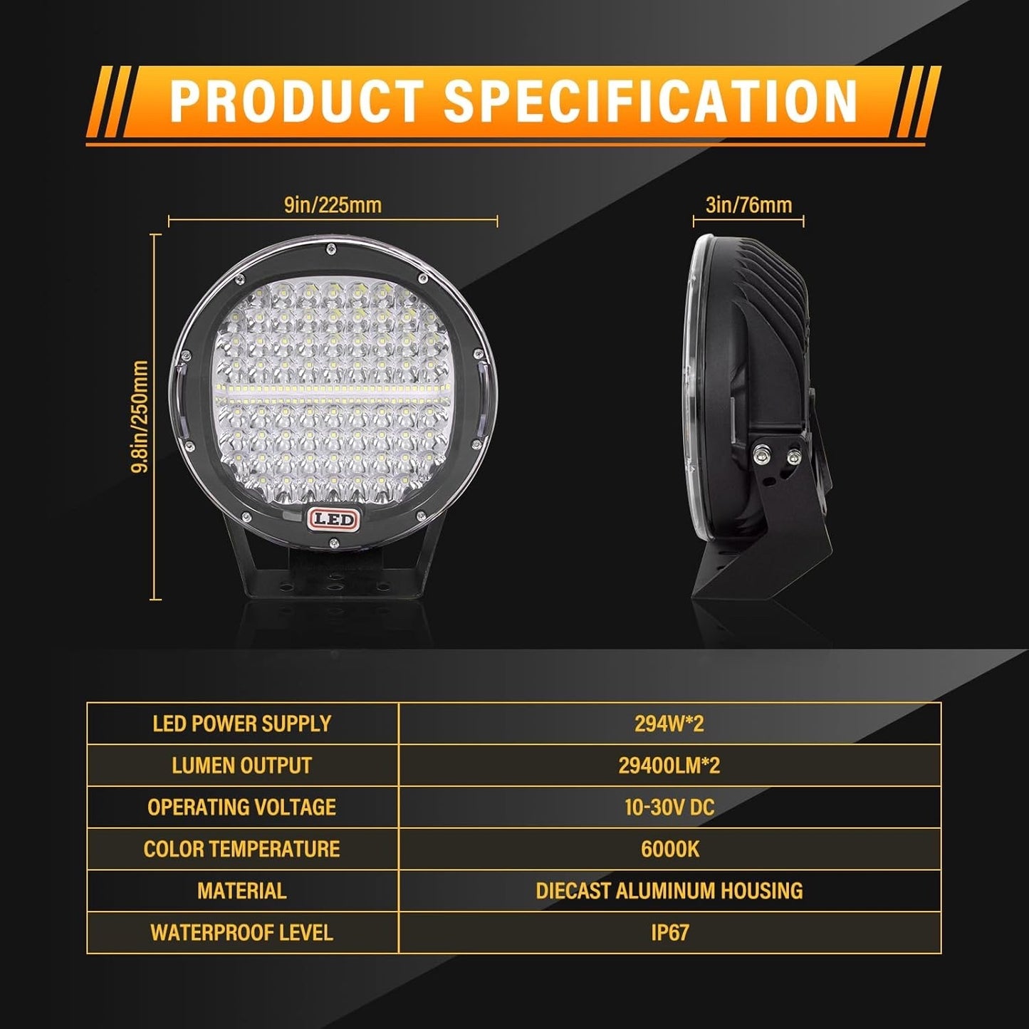 LED Work Lights Pair 9 Inch 294W Spot Beam 12V 24V Off Road Truck Tractor SUV