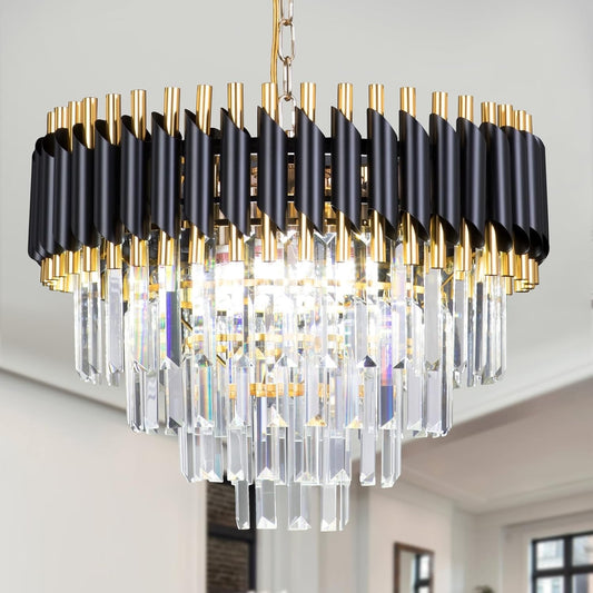 Crystal Chandelier Ceiling Light 20 Inch Black Gold 4 Tier Adjustable Pendant