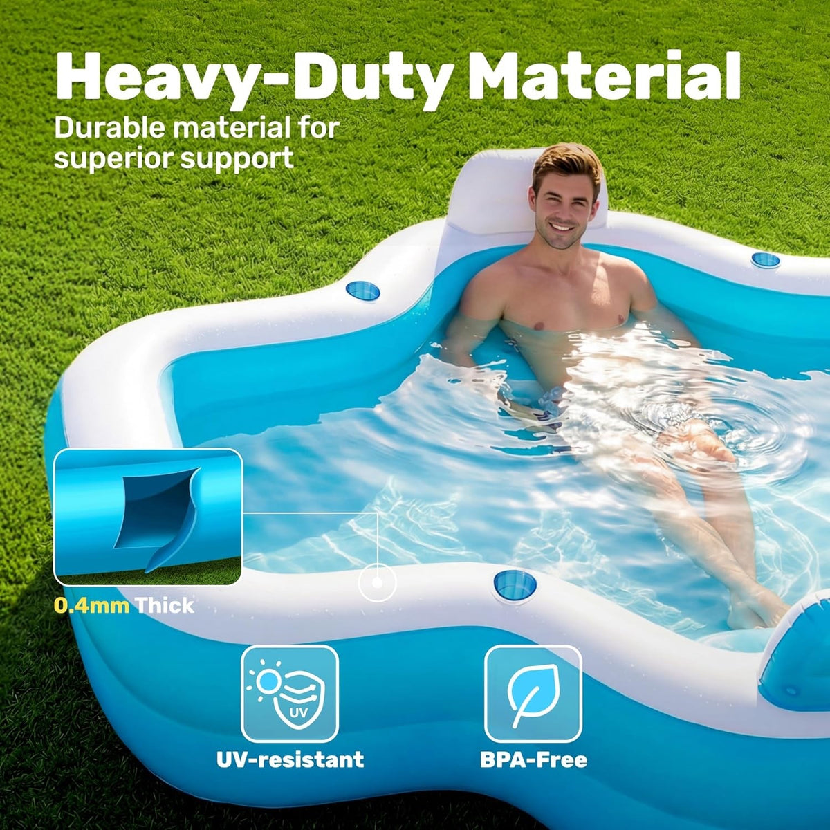 Inflatable Family Swimming Pool 120x101x26in 370 Gallon Bench Seat Cup Holders
