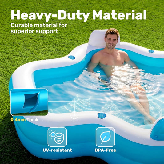Inflatable Family Swimming Pool 120x101x26in 370 Gallon Bench Seat Cup Holders