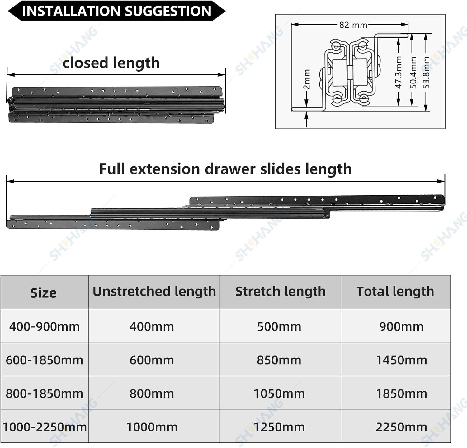 SHUHANG Bottom Full Extension Concealed Drawer Runners 120kg Mounted Pair 600mm