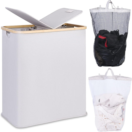 Efluky 140L Large Divided Wash Basket with Lid 2 Section Blue-grey