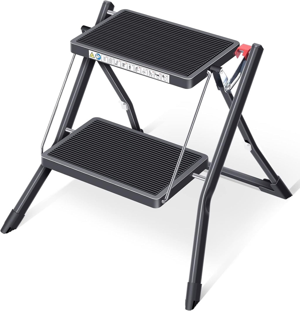2 Step Folding Ladder Double Sided Step Stool w Handle Large Platform