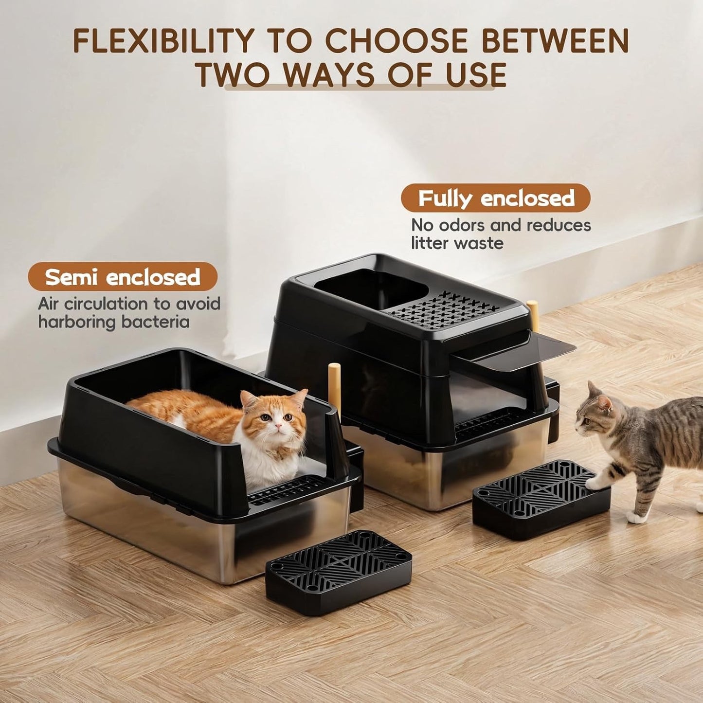 Cat Litter Tray Box XXL Stainless Steel 26L High Wall Leakproof Lid Scoop Black
