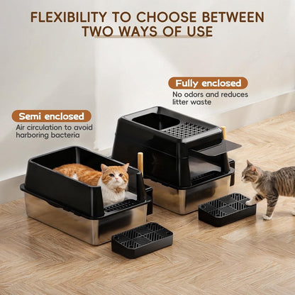 Cat Litter Tray Box XXL Stainless Steel 26L High Wall Leakproof Lid Scoop Black