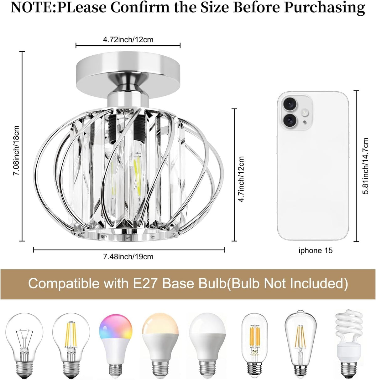 Ceiling Lights 2 Pack LED Crystal Chrome Flush Mount E27 19cm Bathroom Kitchen