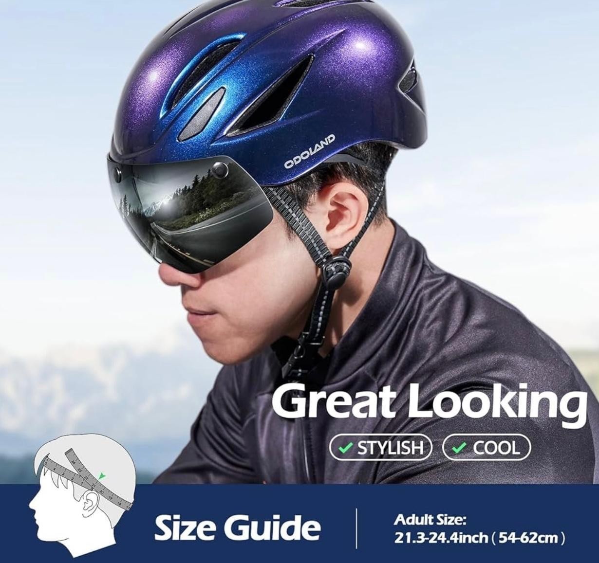 Odoland Adult Bike Helmet 57–61cm Magnetic Goggles Detachable Visor Cycling Blue
