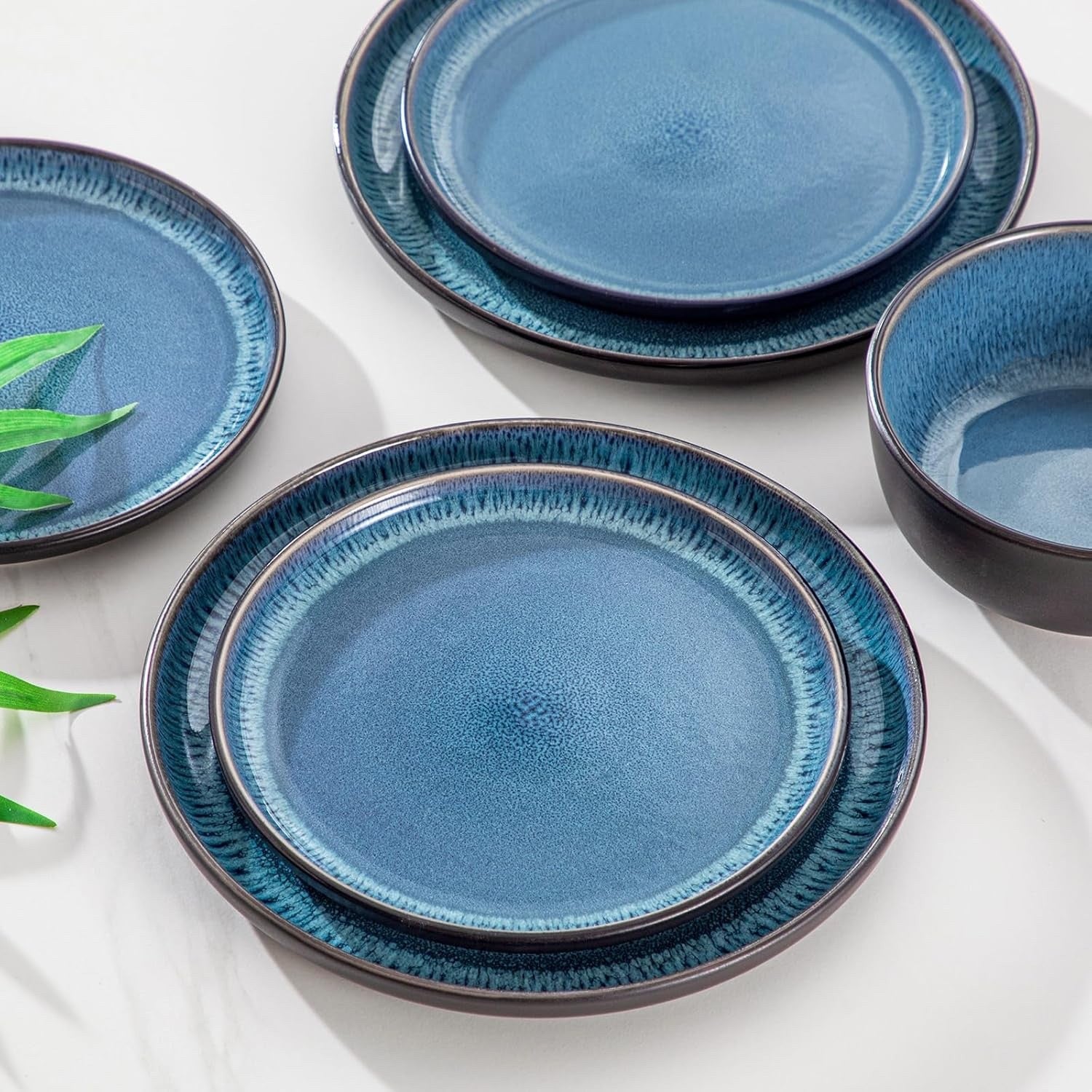 Ceramic Dinner Set Plates Bowls Blue Reactive Glaze Stoneware Tableware 17pc