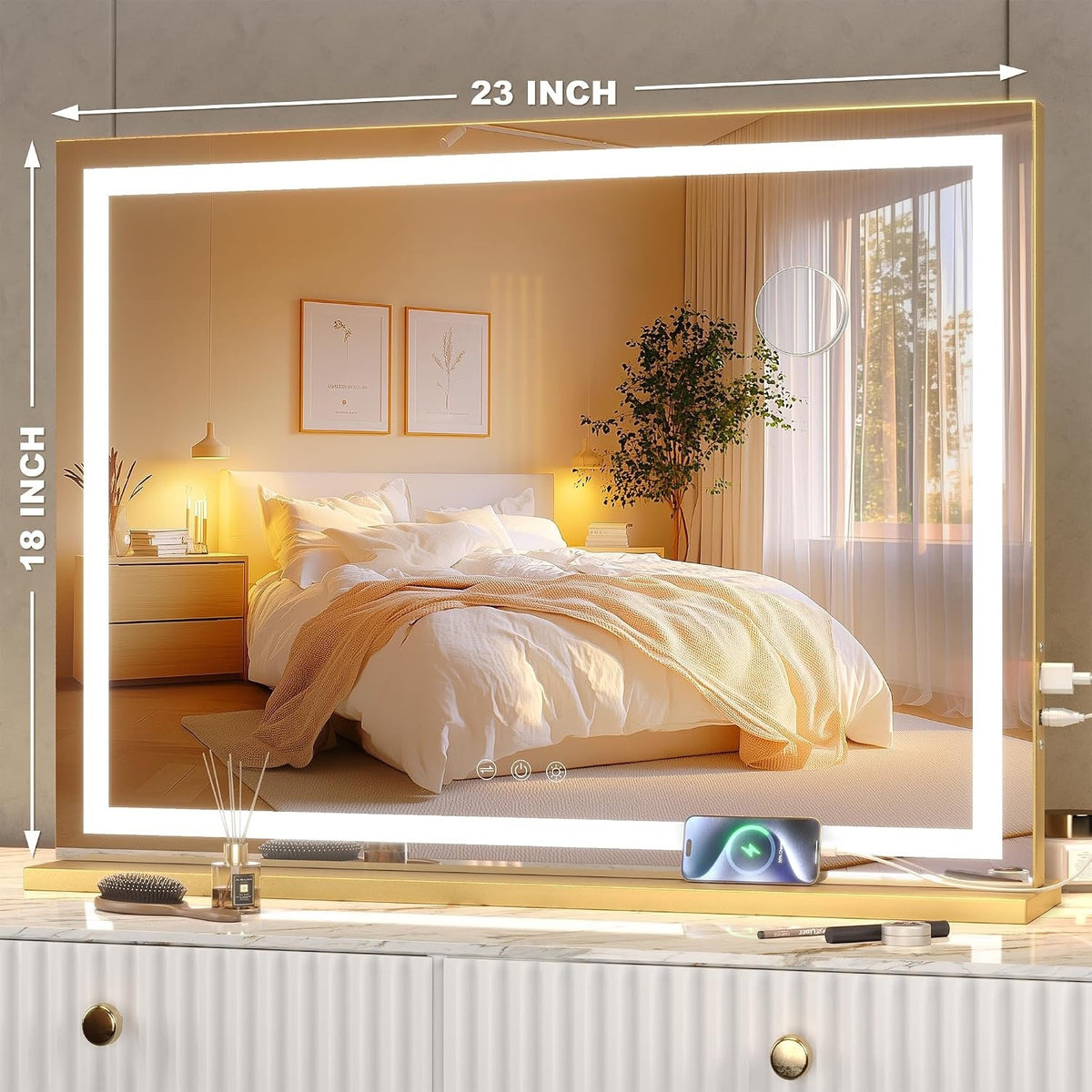 Vanity Makeup Mirror 23x18in LED 3 Light Modes Touch Control Gold Hasipu