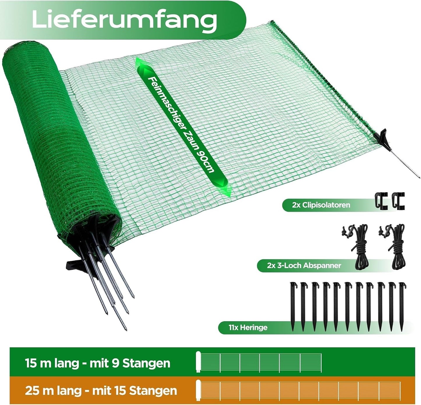 Garden Barrier Fencing Mesh 15m x 0.9m Green Temporary Fence 9 Pins Pet Poultry