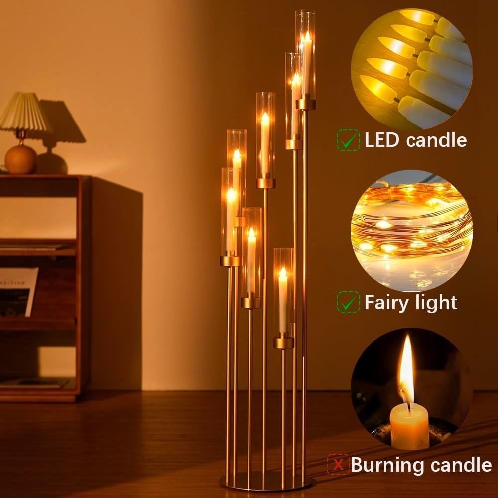 MYOYAY 4 Sets Gold 7-Arm Floor Candelabra Metal Candle Holders with Lampshades