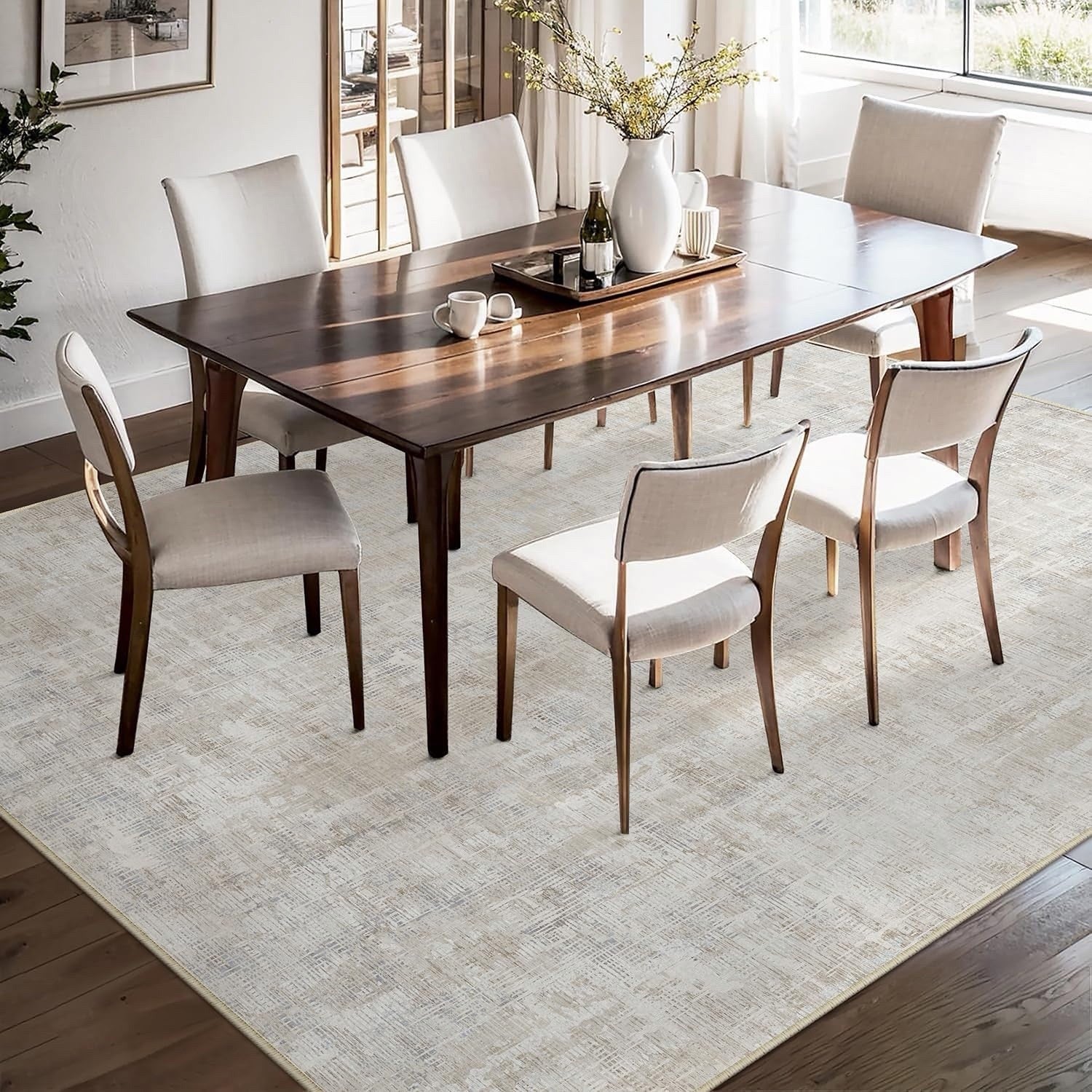 Large Area Rug Carpet 200x300cm Washable Non Slip Beige Abstract Living Room