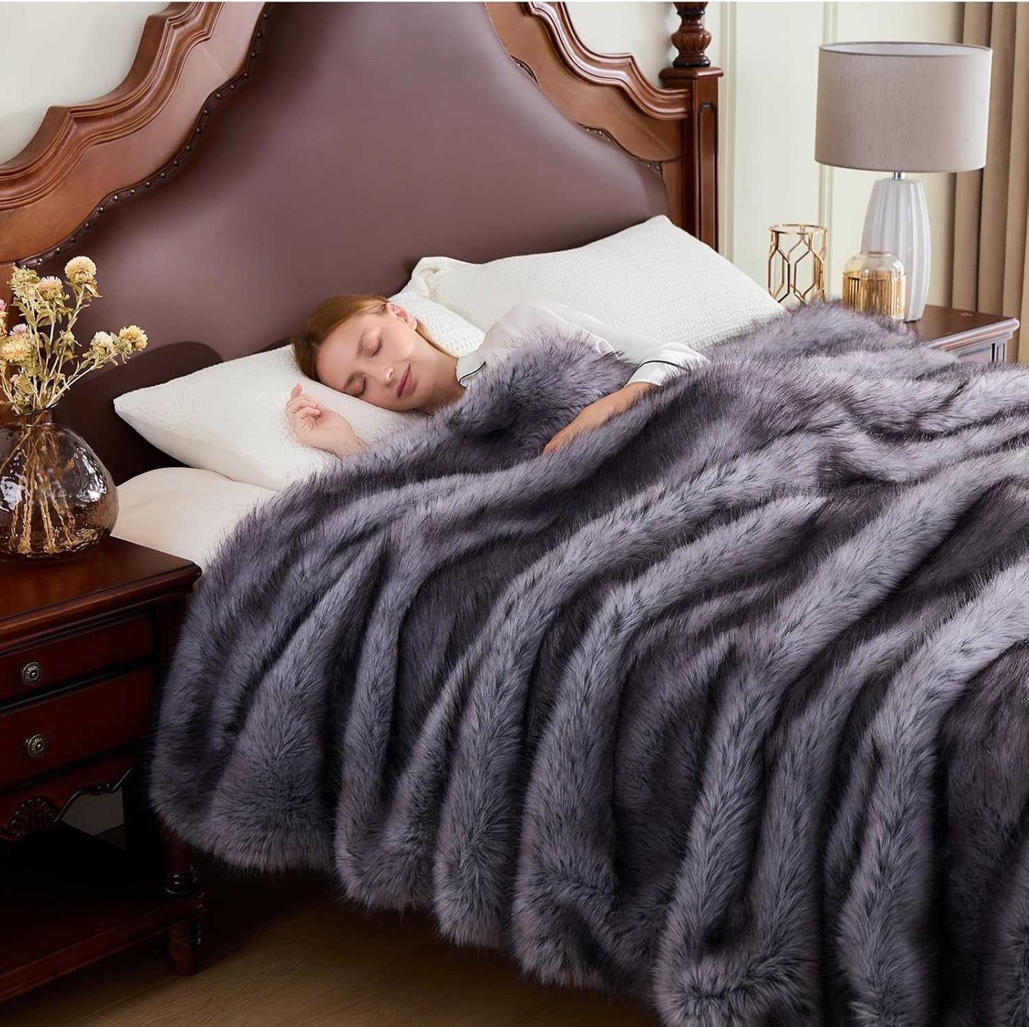 Faux Fur Throw Blanket Thick Warm Reversible Fluffy Grey Bed Sofa 230 x 270cm