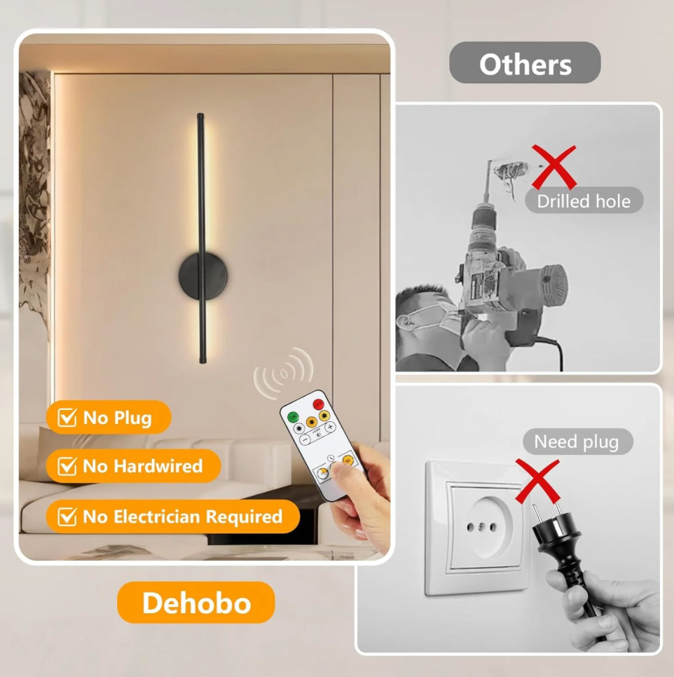 2x Wireless Rechargeable Wall Sconce Lights Black Dimmable Remote