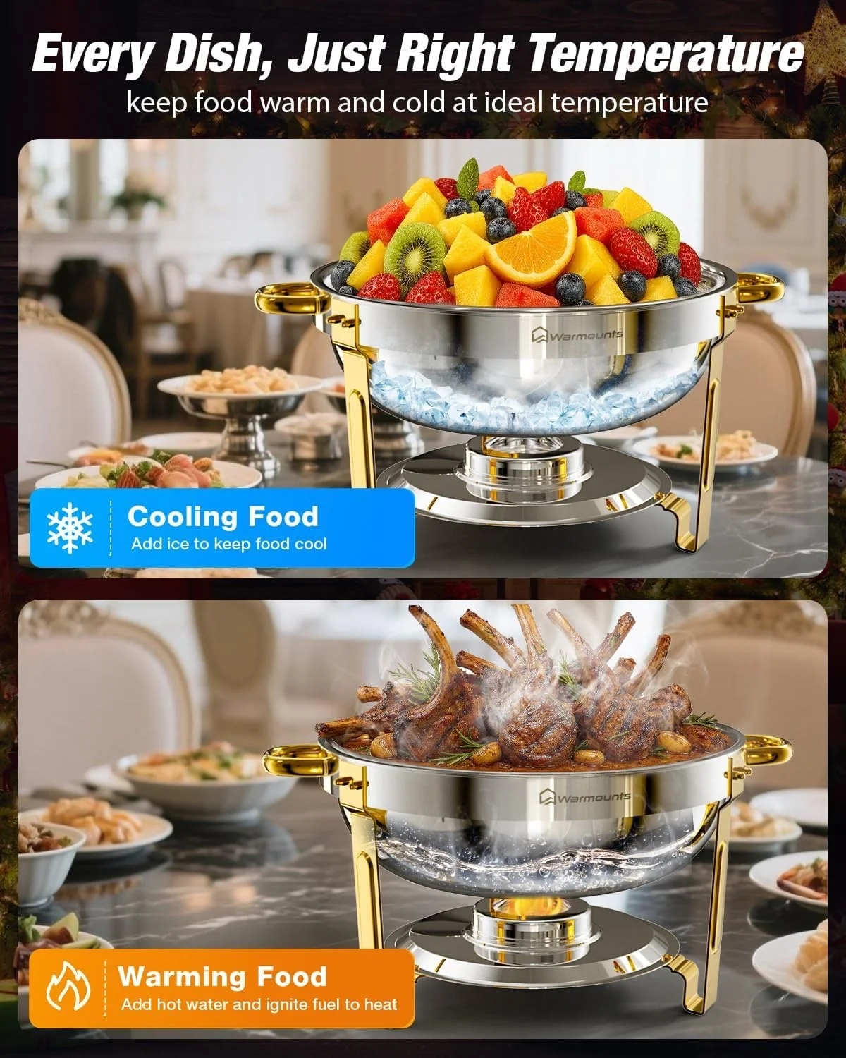 Chafing Dish Buffet Warmer 2 Pack 5L Round Stainless Steel Glass Lid Gold Set