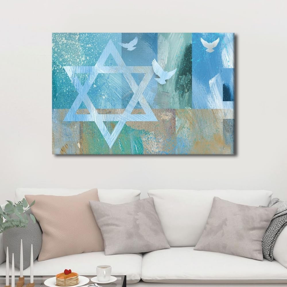 Star David Wall Art Canvas 36x24in Framed Three Doves Jewish Home Decor Print