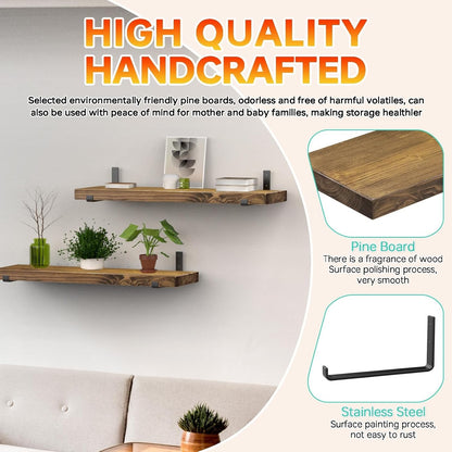 Rustic Wooden Floating Shelf Wall Mounted Dark Brown Pine 60cm Black L Brackets