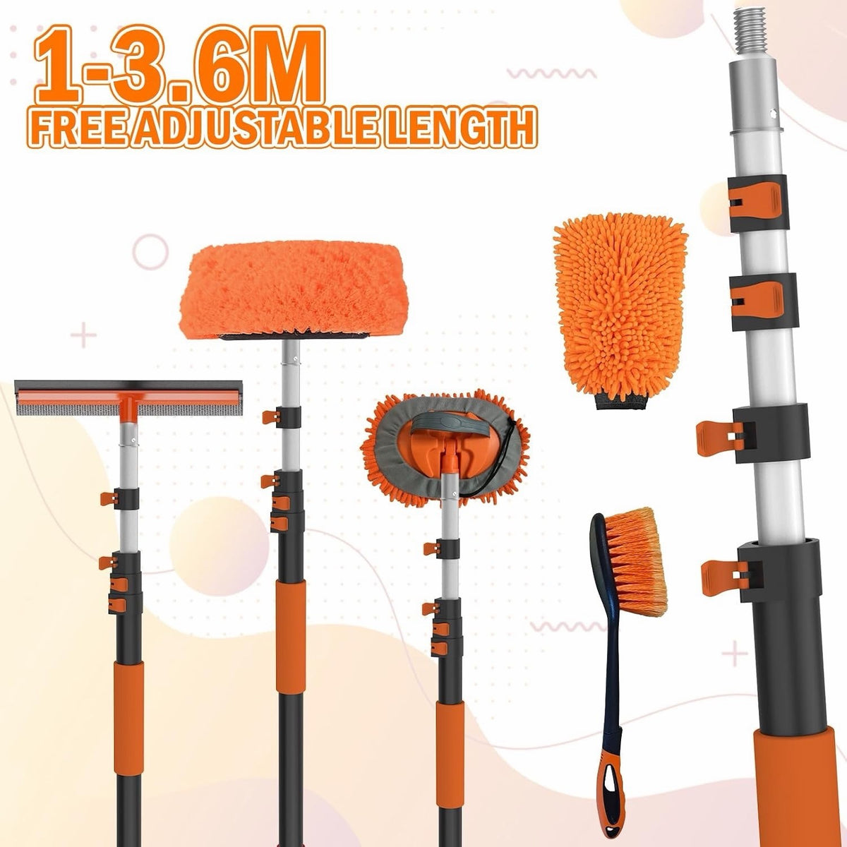 Car Wash Brush Cleaning Kit 3.6m Telescopic Pole Bristle Mop Window Squeegee