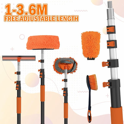 Car Wash Brush Cleaning Kit 3.6m Telescopic Pole Bristle Mop Window Squeegee