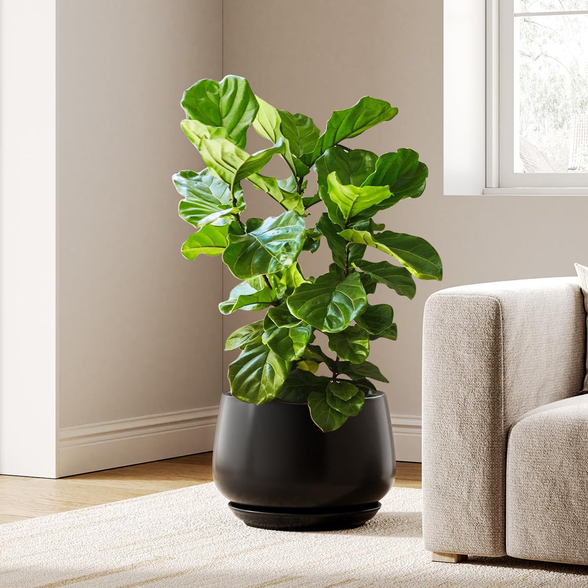Ceramic Plant Pot 30cm Black Indoor Planter Drainage Hole Saucer Modern