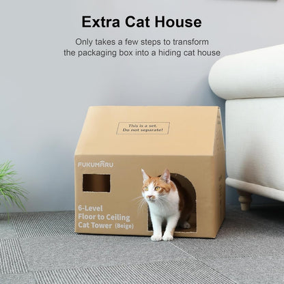 Cat Tree Floor Ceiling 6 Level Adjustable Climbing Scratching Beige AT11-1