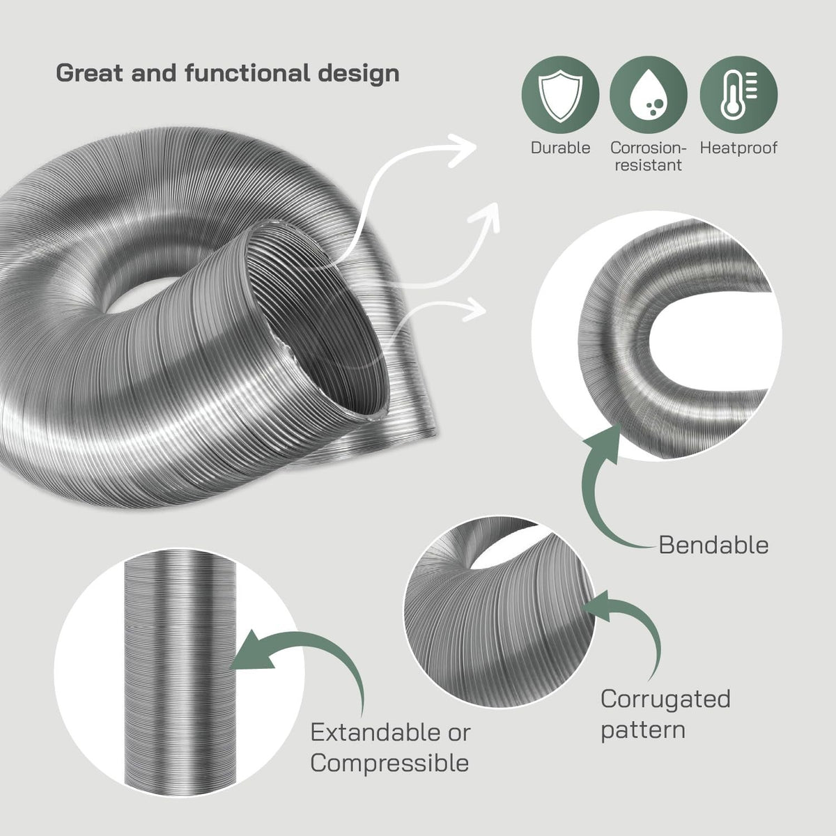 Flexible Ducting Pipe Hose 125mm 3m Aluminium Ventilation Extractor Fan Dryer