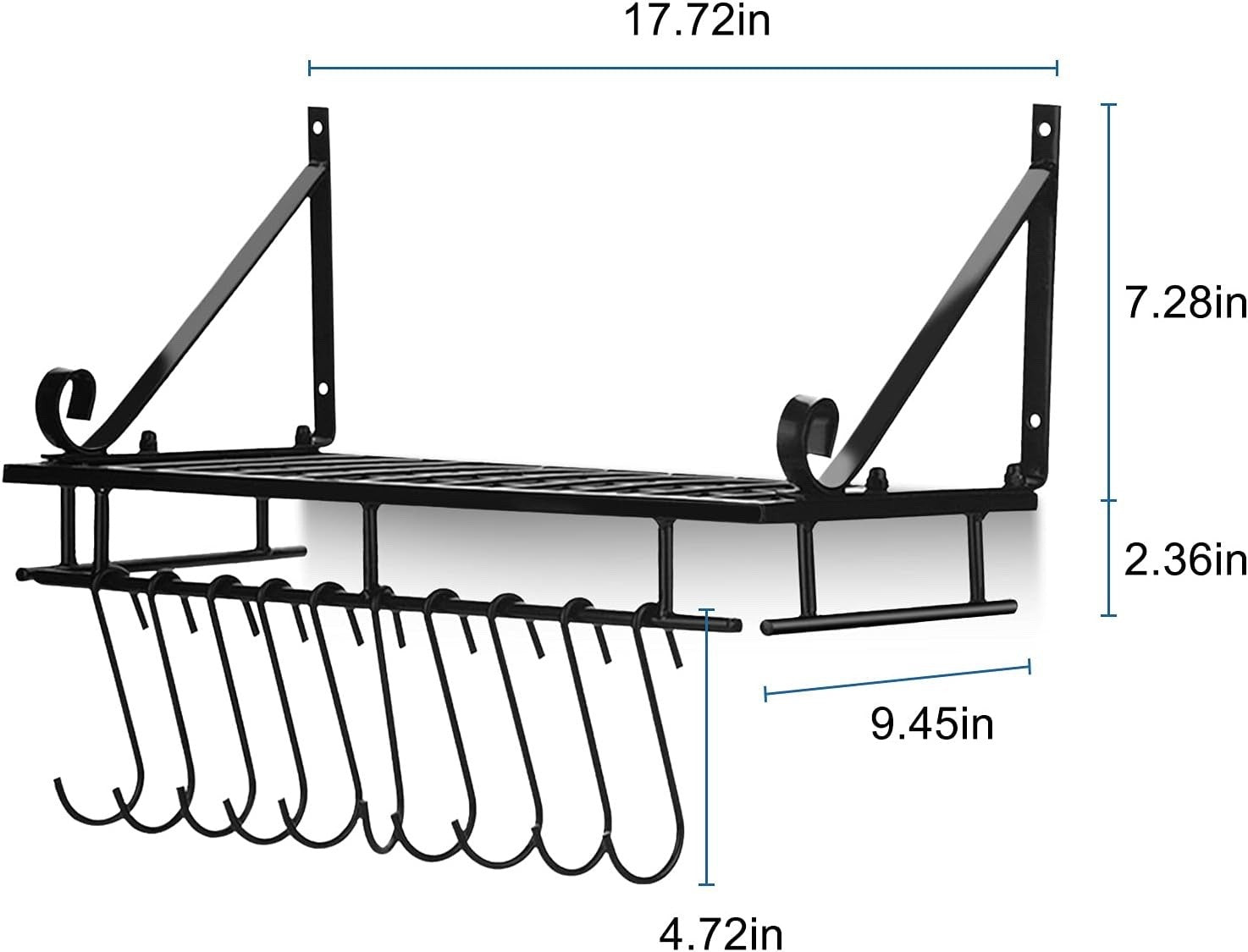 Wall Mounted Pot Pan Rack 45cm Kitchen Shelf Utensil Holder Black Steel