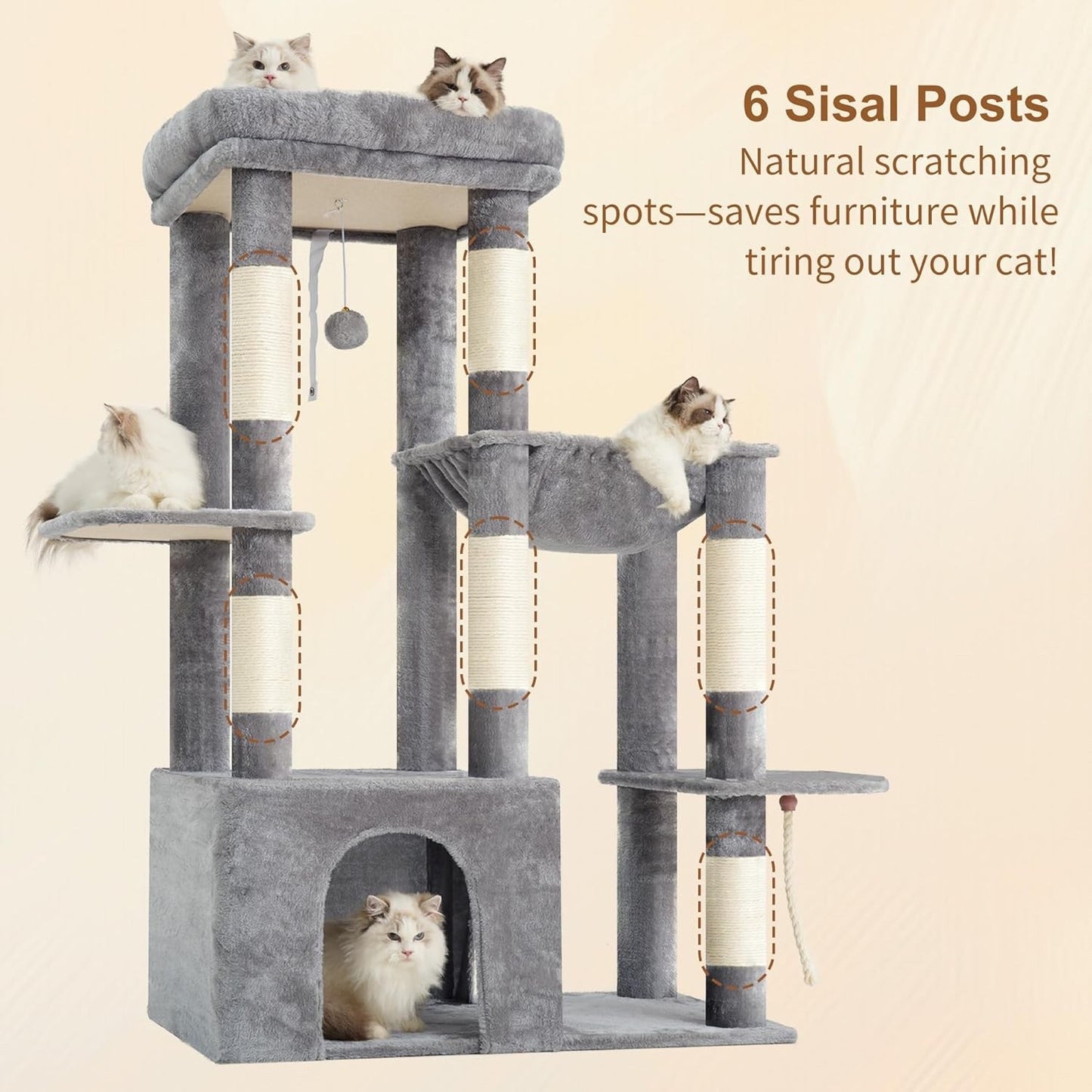 Cat Tree Tower Scratching Post Large Indoor Condo Hammock Toy Balls Light Grey