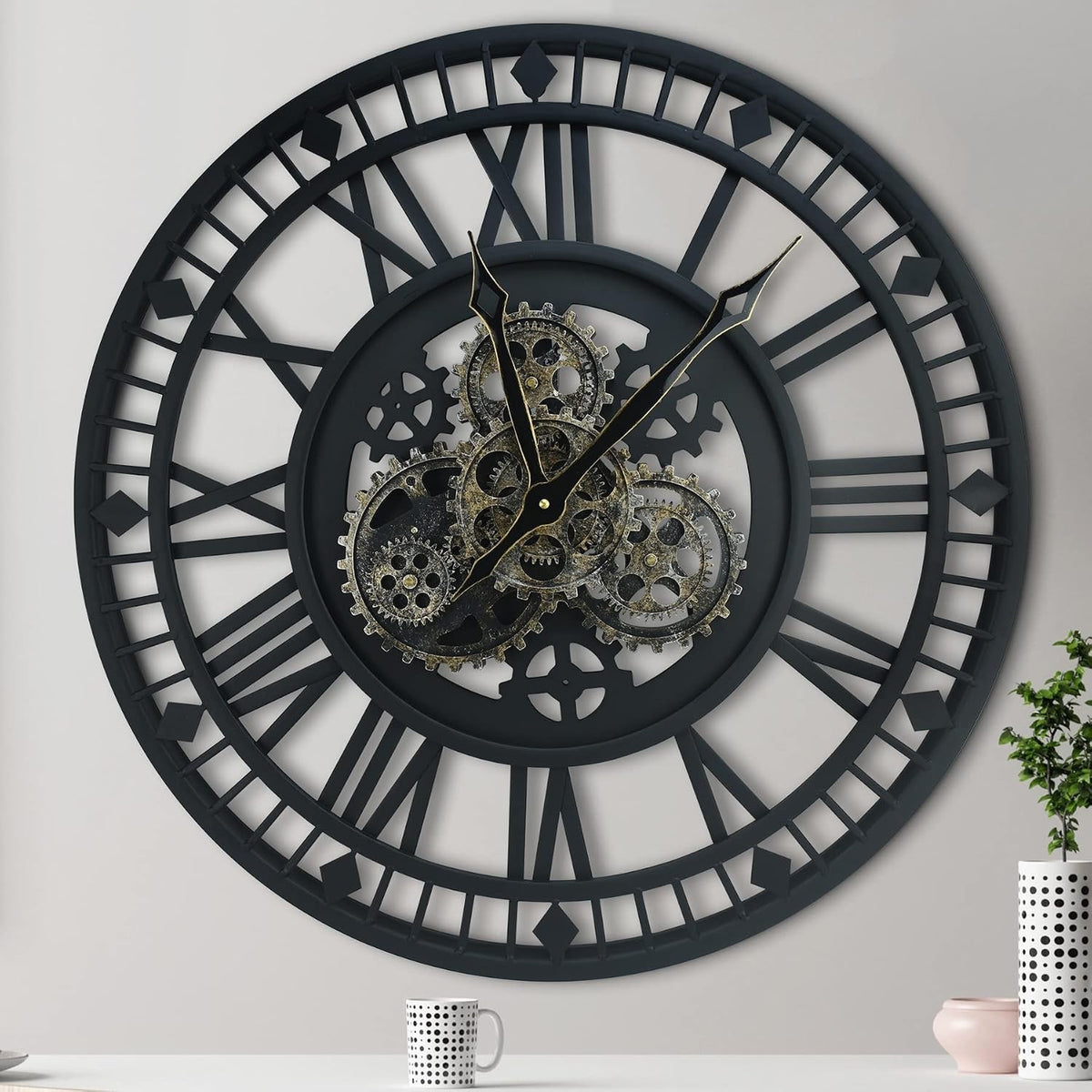 Large Wall Clock Moving Gears 60cm Black Metal Industrial Steampunk Vintage Deco