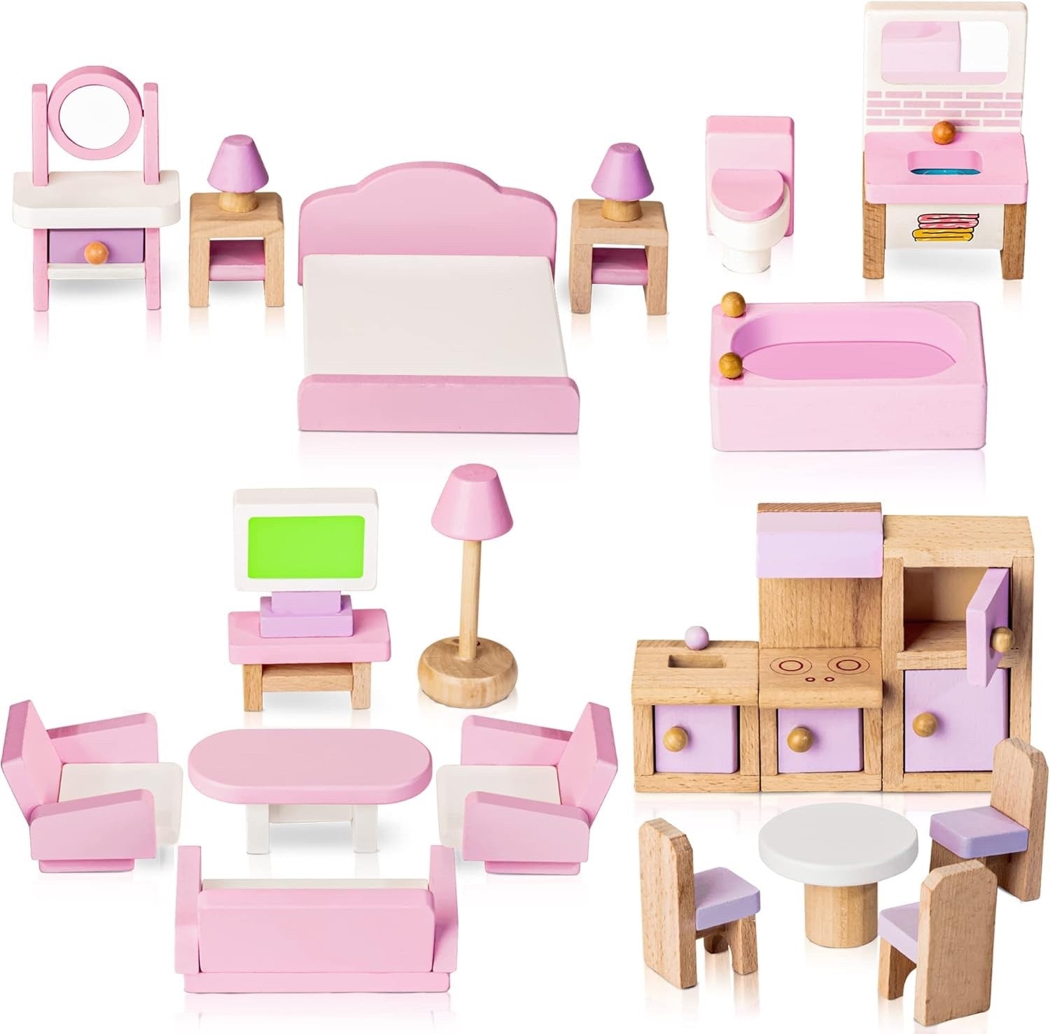 Dollhouse Furniture Set Wooden 22pcs 5 Room Miniature 1:12 Kids Toy Pink
