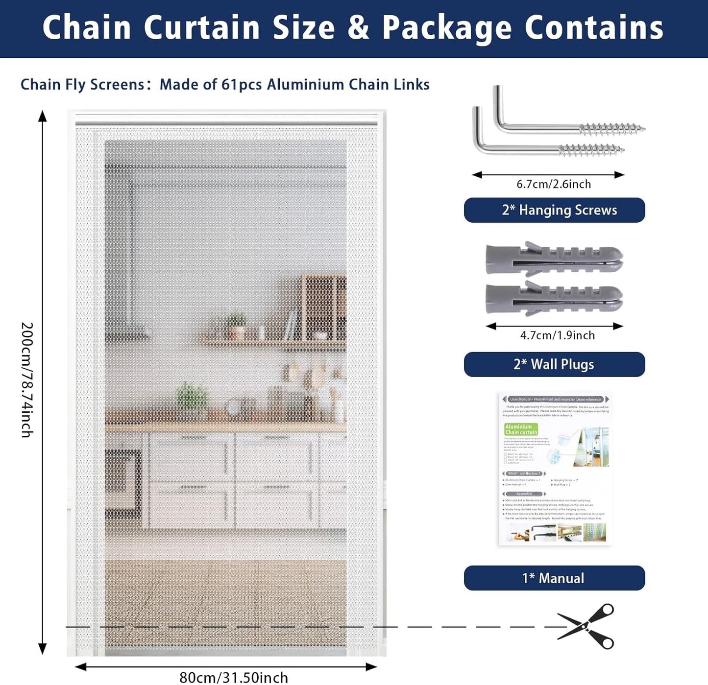 Fly Screen Chain Curtain Aluminium Door Insect Blind Black 80x200cm VeYocilk
