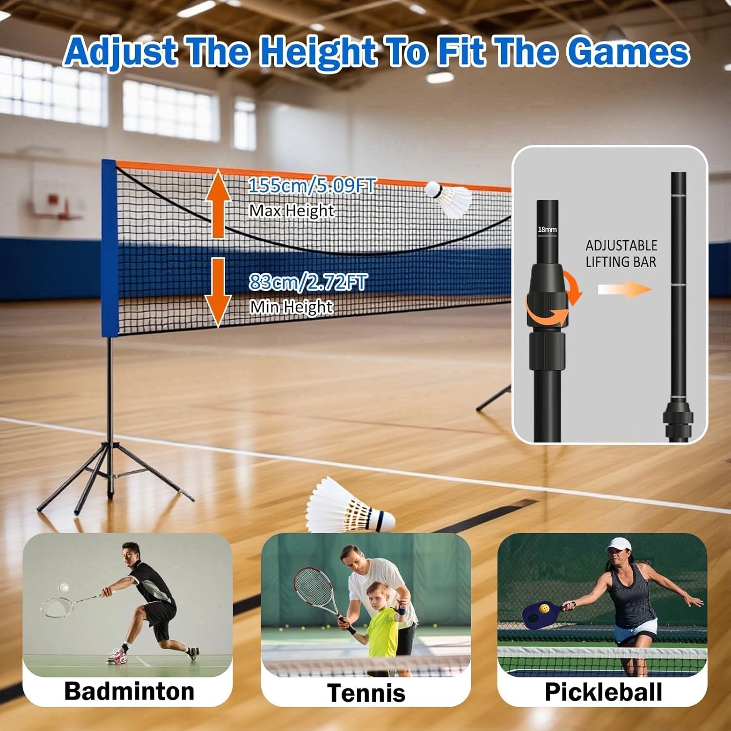 Badminton Net Portable Stand 4.1M Adjustable Height Tennis Volleyball Set Game
