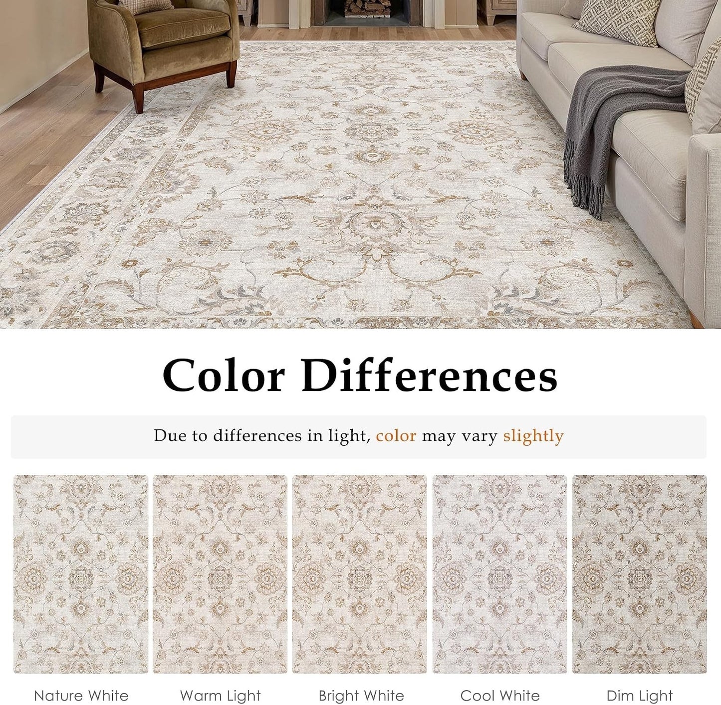 Large Area Rug Carpet 240x300cm Beige Vintage Washable Non Slip Low Pile Soft