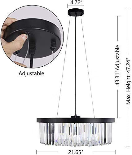 Crystal Chandelier Pendant Light 6-Light Black Modern Ceiling Fixture 21.65in
