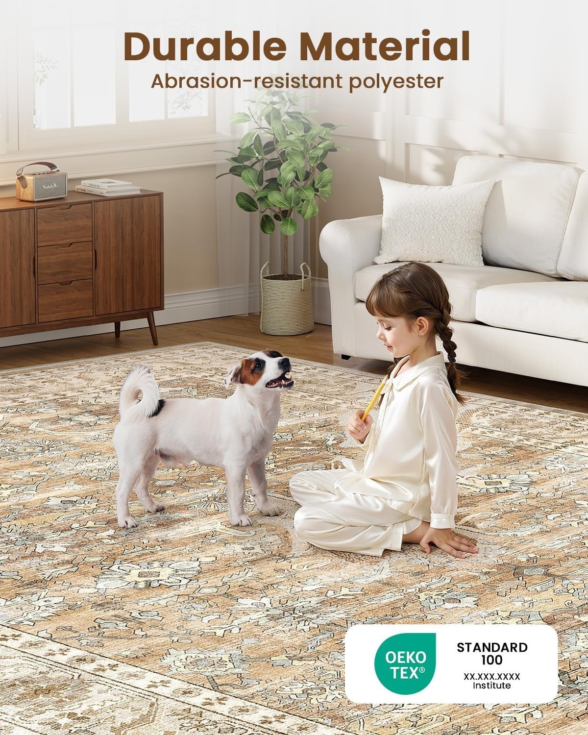 Area Rug Carpet Washable Vintage Beige Brown Non Slip Low Pile 240x340cm Home
