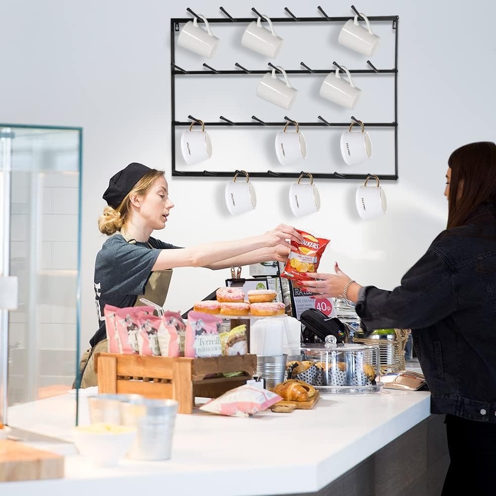 Wall Mounted Mug Holder 4 Tier Wrought Iron Coffee Cup Rack Black