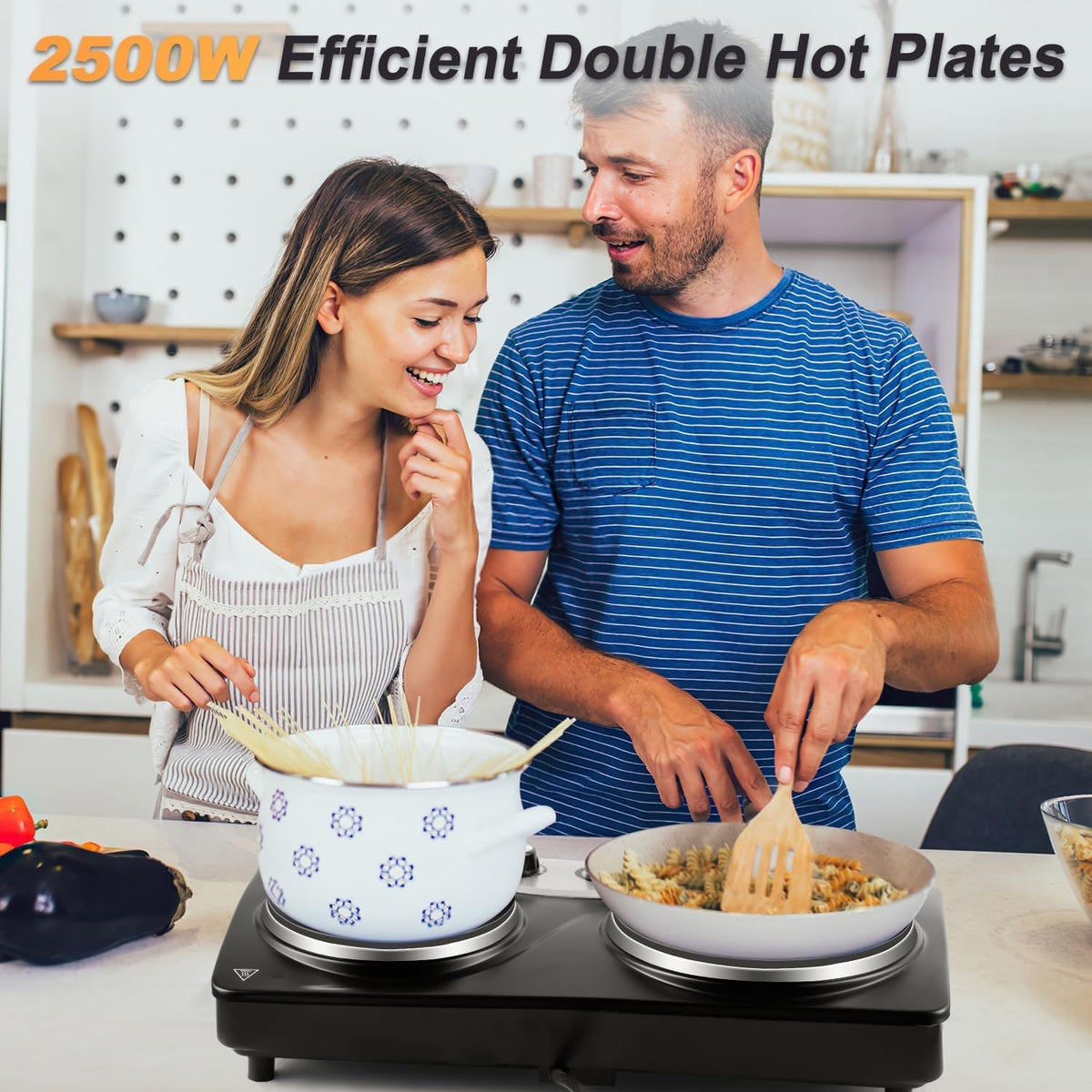 Electric Hot Plate Double Burner 2500W Portable Cast Iron Dual Temperature Black